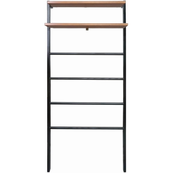NIUMU Space Saving 100% Solid Wood 6-Tier Blanket Ladder with Two Storage Shelves - Black/Sweet Oak