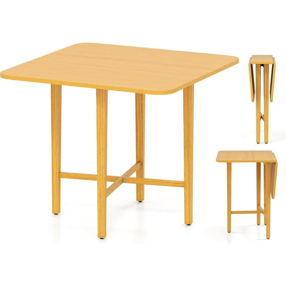 NIUMU Square Drop Leaf Dining Table for 2-4 People, Folding Kitchen Table with Solid Rubber Wood Legs, Farmhouse Extendable Table for Dining Room, Living Room, Small Space, Natural