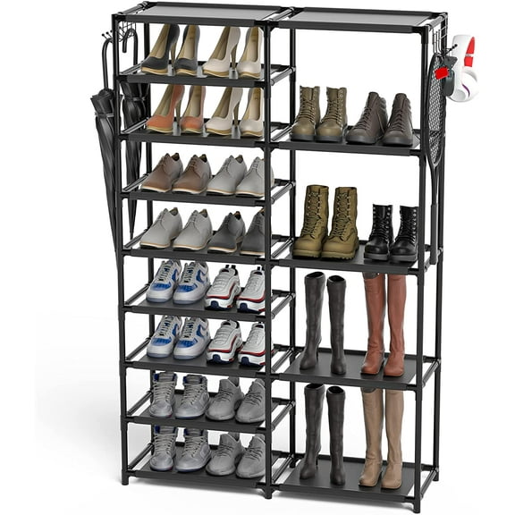 NIUMU Tall Garage Shoe Rack Large Capacity,Two Rows Versatile Hooks Storage Boot Shelf Black 24-35 Pairs