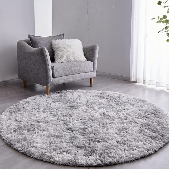 NIUMU Tie-Dyed Light Grey Round Rug Ultra-Soft Plush Modern 4x4 Circle Area Rug for Kid's Bedroom, Fluffy Shag Circular Rug for Nursery Room, Non-Slip Tie-Dyed Light Grey Rug for Teen's Room