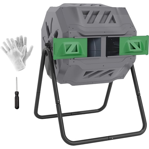 NIUMU Tumbling Compost Bin Outdoor 360 Dual Chamber Rotating Composter 43 Gallon, Light Gray