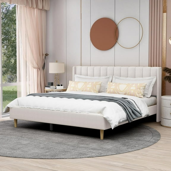 NIUMU Upholstered Platform Bed Frame King Size with Headboard and Footboard/Wooden Slats Support/No Box Spring Needed/Easy Assembly,Beige Velvet