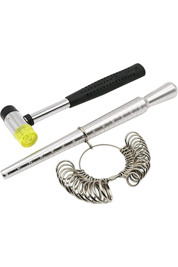 Durable Steel Ring Sizer Tool Set, Includes Flexible Cable & Rubber Hammer, Metal, 0-13 US