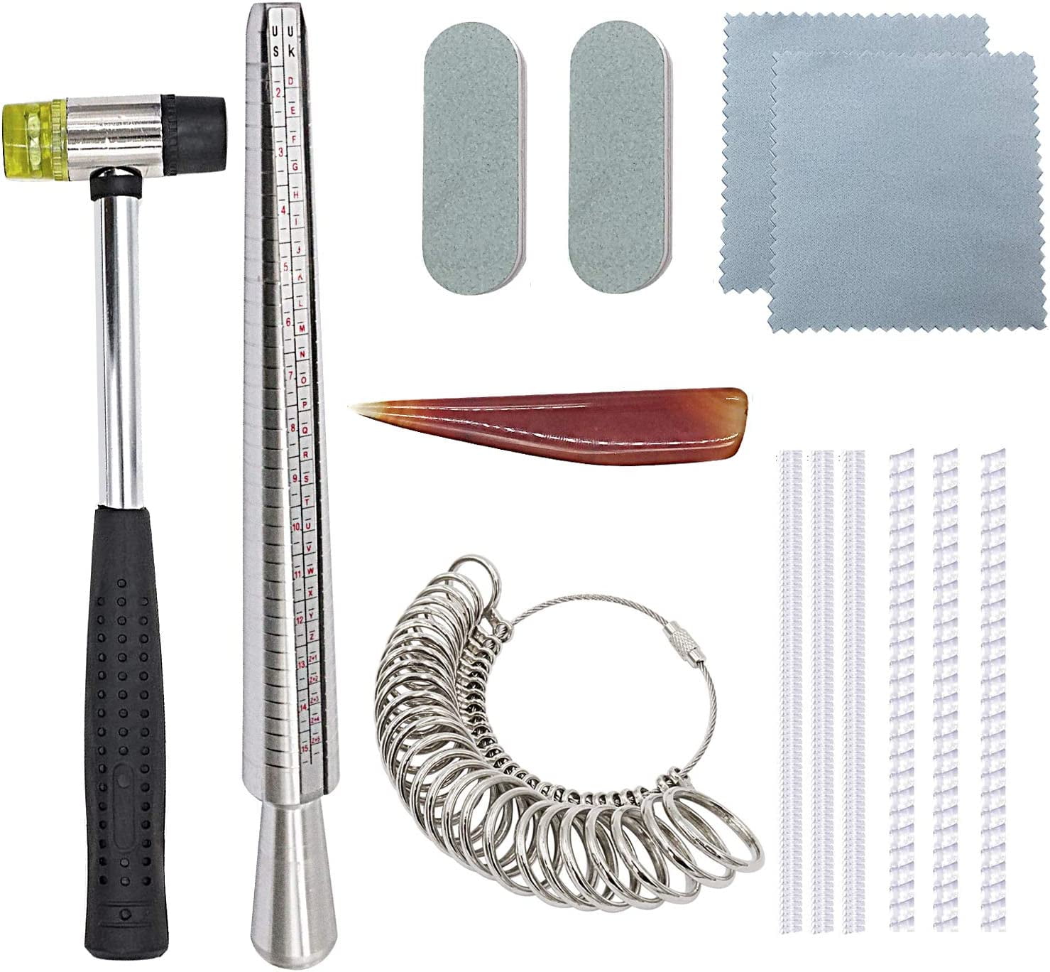 NIUPIKA Ring Sizer Set Metal Mandrel Stick Measuring Tool Kit Finger Sizing Gauge US Size with Jewelry Rubber Hammer