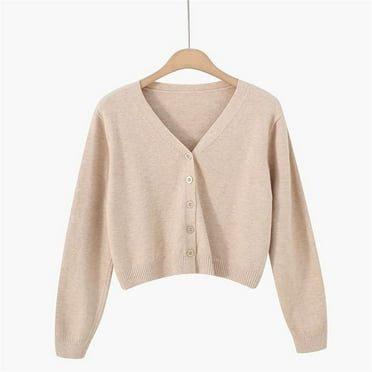NIUREDLTD Cropped Cardigans Women's Fall Button Long Sleeved Knitted Sweater Short Knitted Cardigan Sweaters For Women Beige M