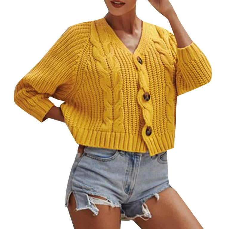 NIUREDLTD Cropped Cardigans Women s Solid Color Button Sweater Knit Cropped Loose Cardigan Sweaters For Women Yellow L