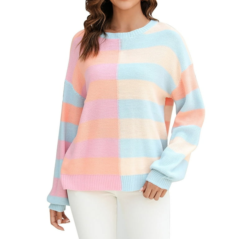 NIUREDLTD Fall Winter Knit Sweater For Women Striped Color Block Patchwork Long Sleeve Tops Crew Neck Pullover Blouse Pink XL Walmart