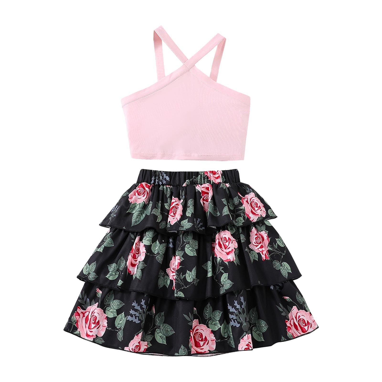 NIUREDLTD Kids Girls Summer Sleeveless Vest Tops Flower Skirt 2PCS