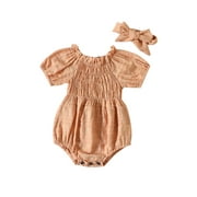 NIUREDLTD Toddler Girls Summer Baby Children Jacquard Stripes Play Outerwear Clothing Headband 2pcs Outfits Size 80