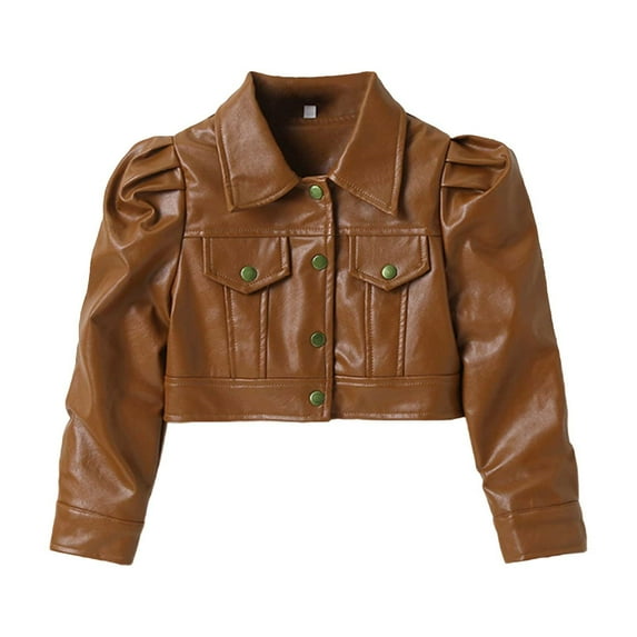 NIUREDLTD Toddler Kids Girls Cropped PU Leather Jacket Long Sleeve Solid Color Coat Outerwear Lapel Button Down Motorcycle Jacket Brown Size 120