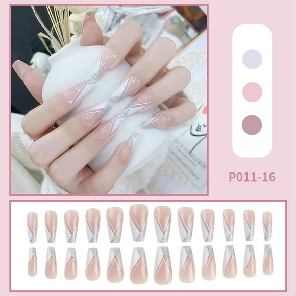 NIUREDLTD White Line Press On Nails Silver Glitter French False Nail Tips 24 Pieces Finished Product Nail Stickers