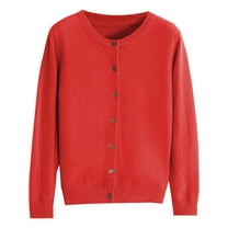 NIUREDLTD Women's Cardigan Womens Basic Crew Neck Long Sleeve Button Down Cardigan Sweater Cardigan Sweaters For Women Red L