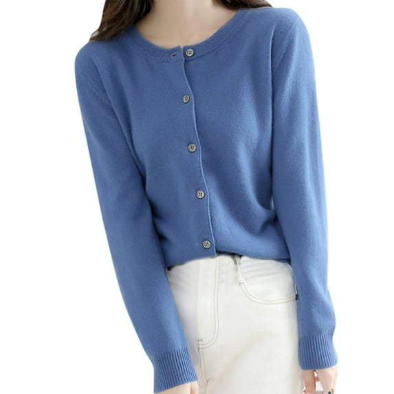NIUREDLTD Women's Cardigan Womens Basic Crew Neck Long Sleeve Button Down Cardigan Sweater Cardigan Sweaters for Women Blue L