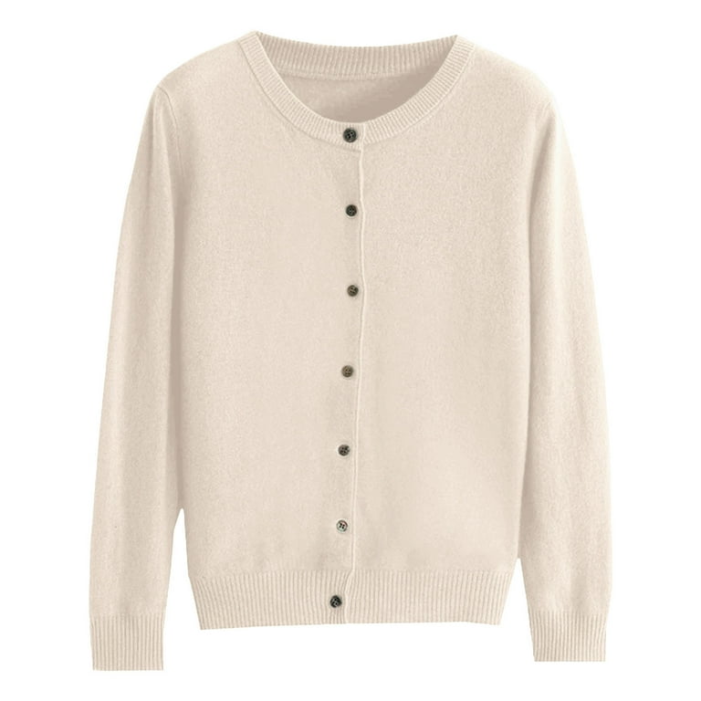 NIUREDLTD Women s Cardigan Womens Basic Crew Neck Long Sleeve Button Down Cardigan Round Neck Short Coat For Women Cardigan Sweaters For Women Beige L