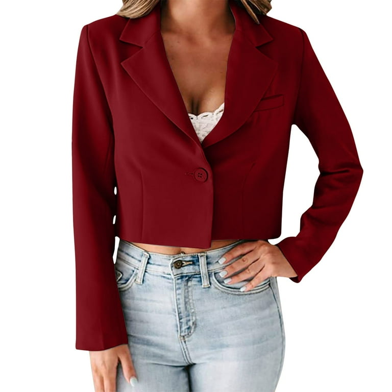 NIUREDLTD Women s Cropped Suit Jackets Long Sleeve Solid Color Work Office Coat Notched Lapel Single Button Loose Blazer Jackets Wine XL Walmart