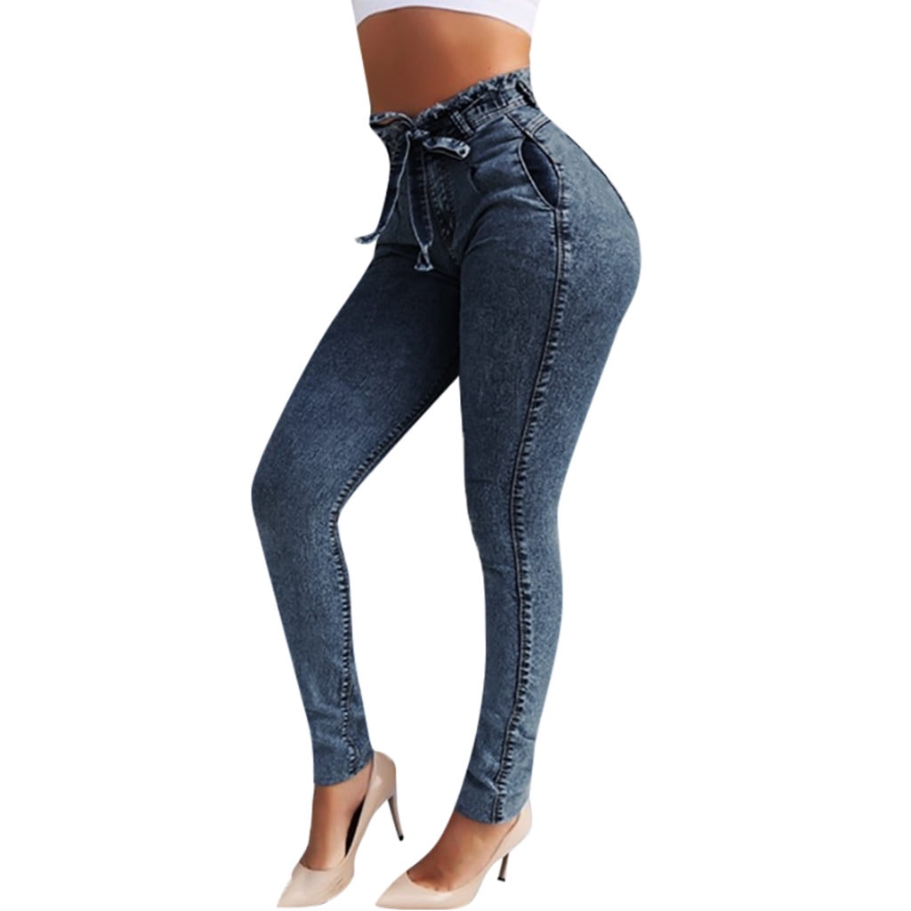 NIUREDLTD Women's Fall Long Slim Denim Pants Tassel High Rise Lace Up Curvy  Skinny Jeans With Pockets Dark Blue XL
