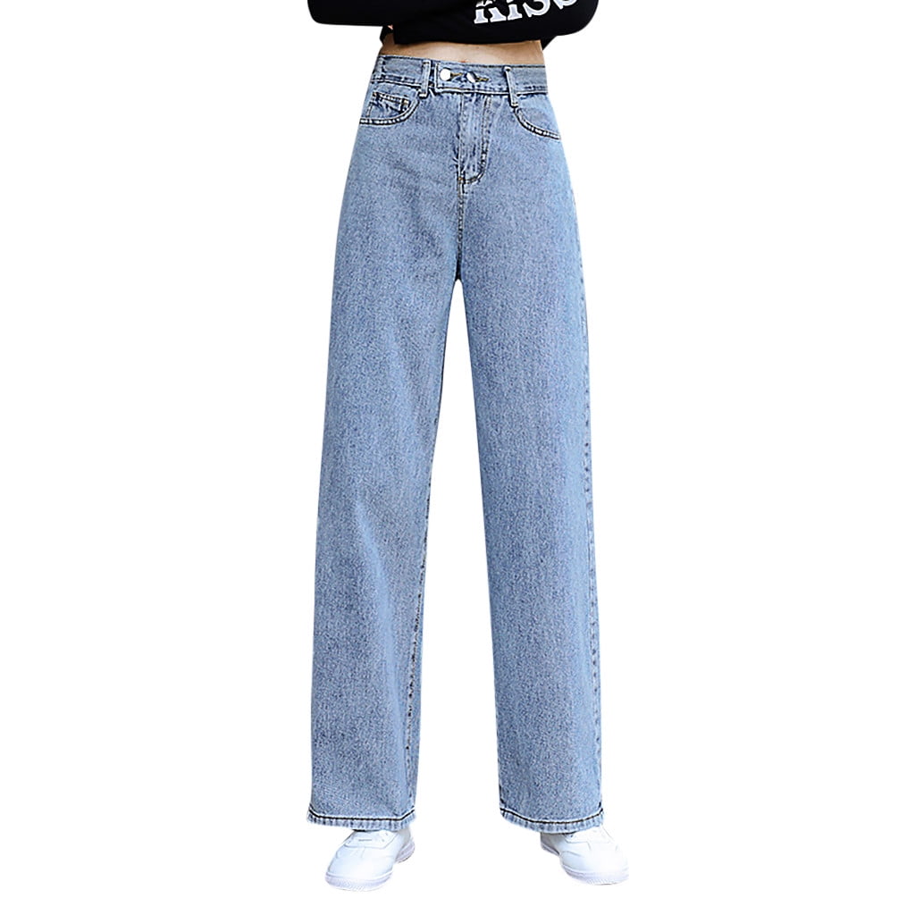 NIUREDLTD Women s High Rise Casual Straight Leg Denim Trousers Button Closure With Zip Fly Retro Wide Leg Jeans Pants Blue M
