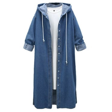 NIUREDLTD Women's Plus Size Hooded Denim Coat Long Sleeve Button Down Loose Casual Long Jean Jacket Outerwear Blue 3XL