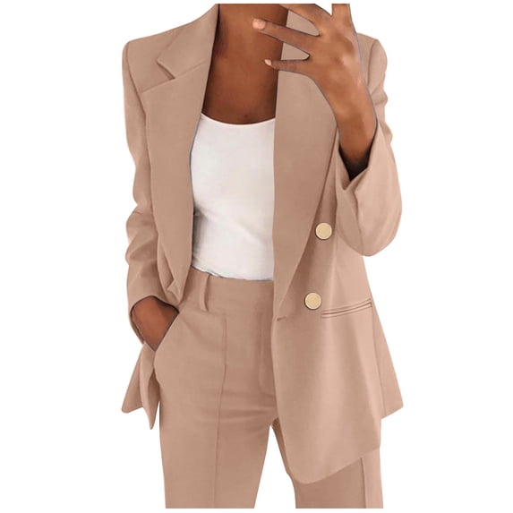 NIUREDLTD Women's Suit Jacket Casual Long Sleeve Solid Color Office Coat Double-Breasted Notched Lapel Blazer Jacket With Pockets Khaki M