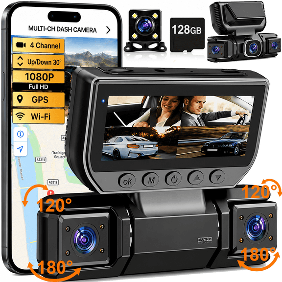 NIUTA Dash Cam Front and Rear with 128GB Card, 4 Channel Dash Camera for Cars with Front, Rear, Left & Right Cameras, 1080P Car Dash Cam with WiFi App, Night Vision, Recording, 3" IPS Screen