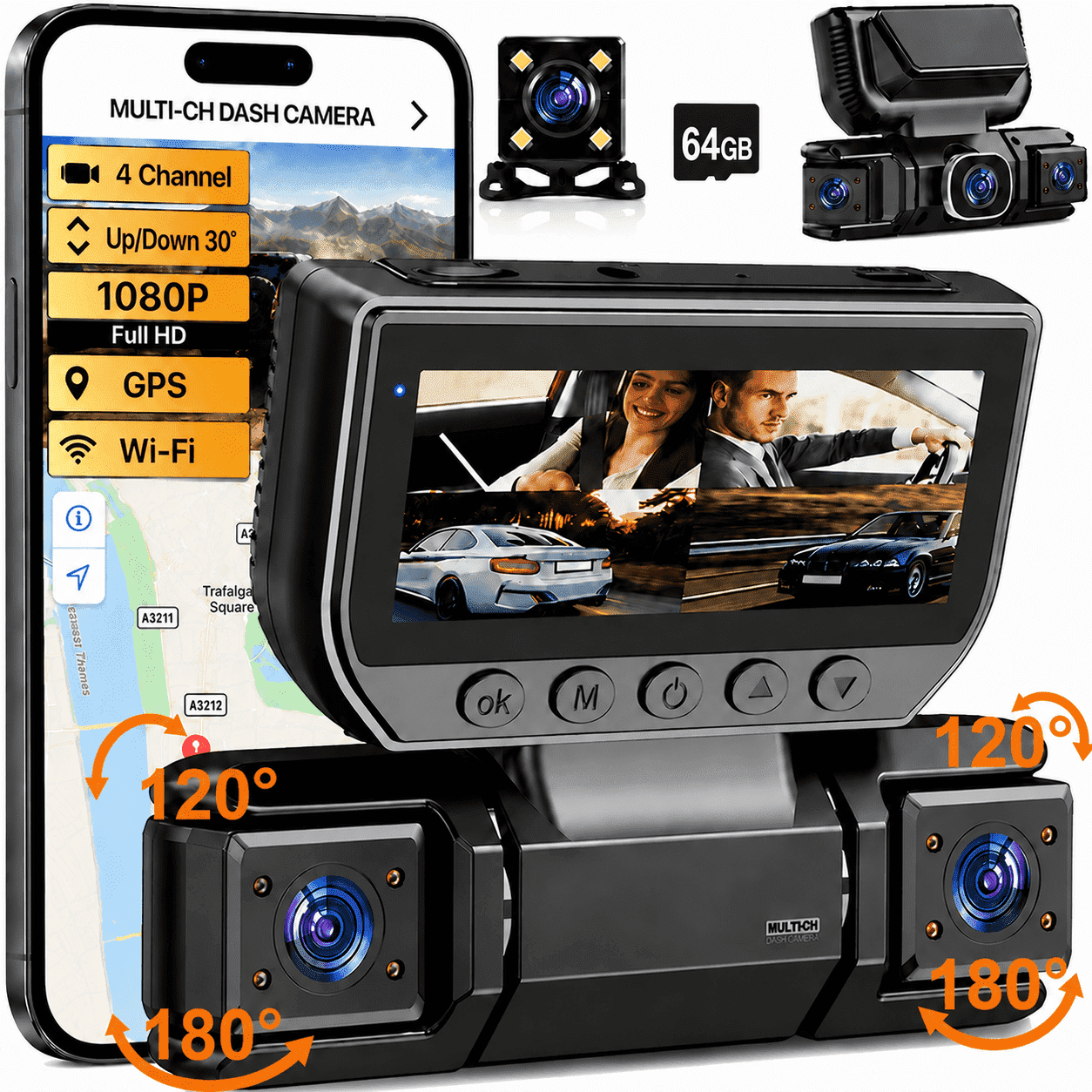 NIUTA Dash Cam Front and Rear with 64GB Card, 4 Channel Dash Camera for Cars with Front, Rear, Left & Right Cameras, 1080P Car Dash Cam with WiFi App, Night Vis