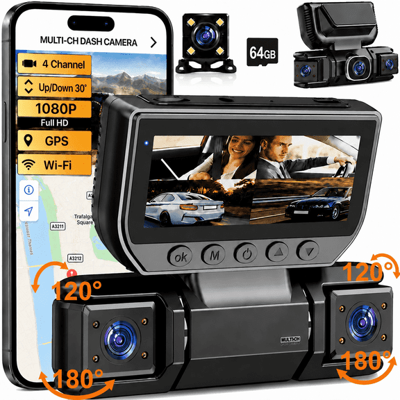 Dash Cam Front and Rear with 64GB Card, 4 Channel Dash Camera for Cars with Front, Rear, Left & Right Cameras, 1080P Car Dash Cam with WiFi App, Night Vision, Recording, 3" IPS Screen