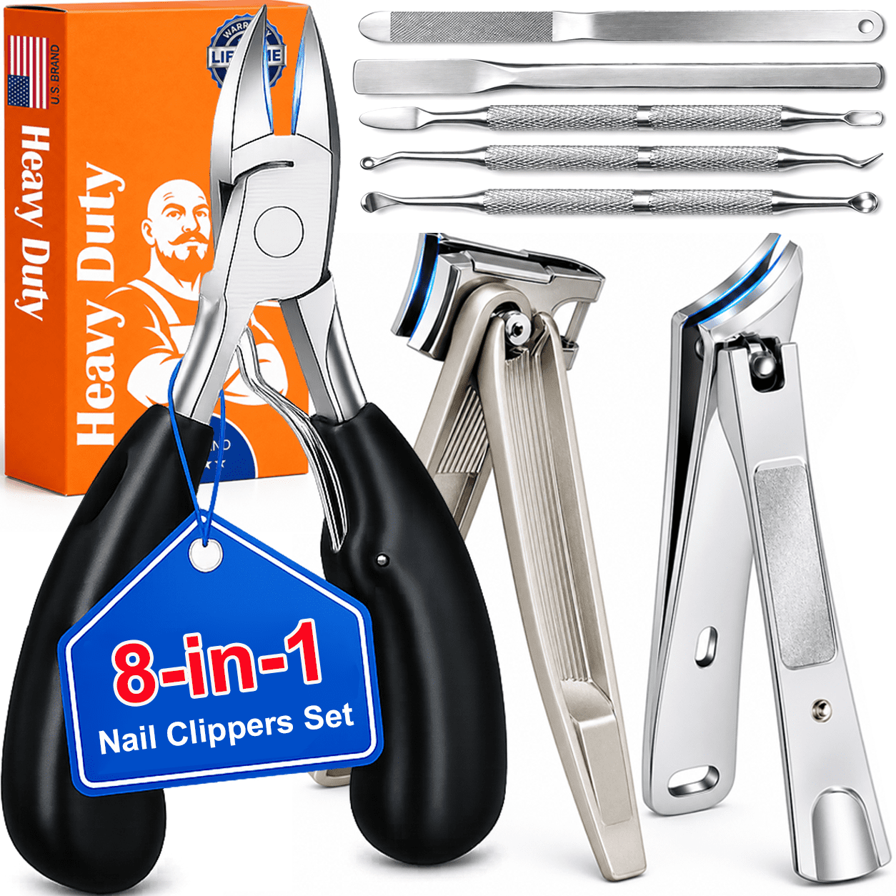 NIUTA Nail Clippers for Men, Professional 8-in-1 Nail Clipper Set with Heavy Duty Toenail Clipper & Fingernail Clippers, Wide Jaw Toenail Clippers for Thick & Ingrown Nails, 360 Swivel Head