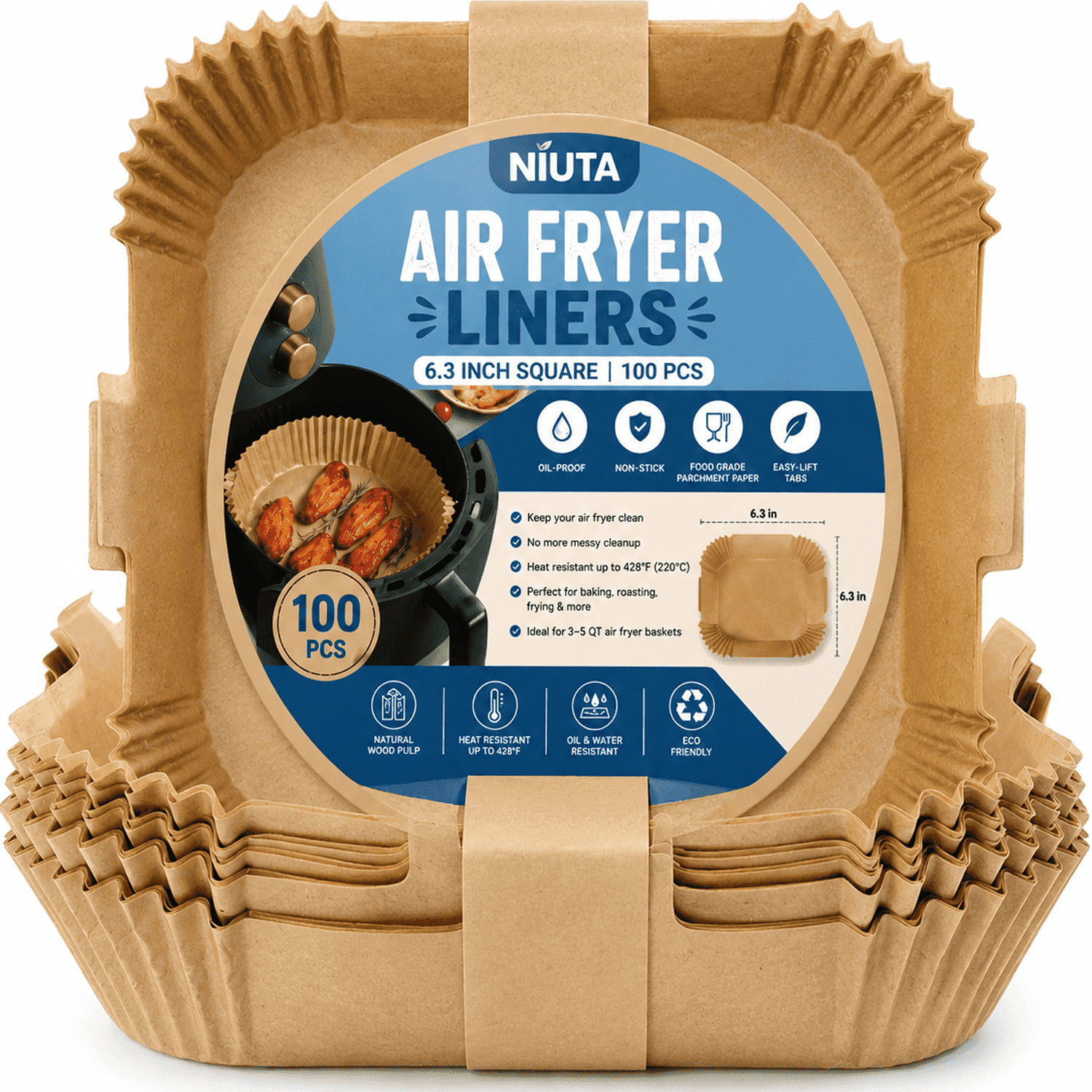 NIUTA Air Fryer Liners Disposable, 100 Pcs 6.3 Inch Square Air Fryer Paper Liners with Easy-Lift Tabs, Food Grade Non-Stick Oil-Proof Parchment Paper for Air Fr