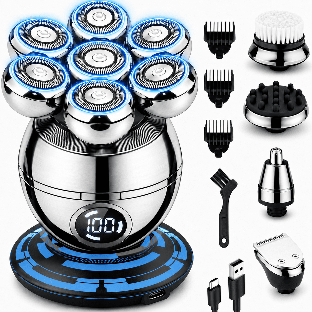 NIUTA Head Shaver for Bald Men, 7-in-1 Electric Bald Head Shaver with 7 Rotary Heads, Digital Display, Hair & Nose Trimmer, Type-C Charging Mens Grooming Kit