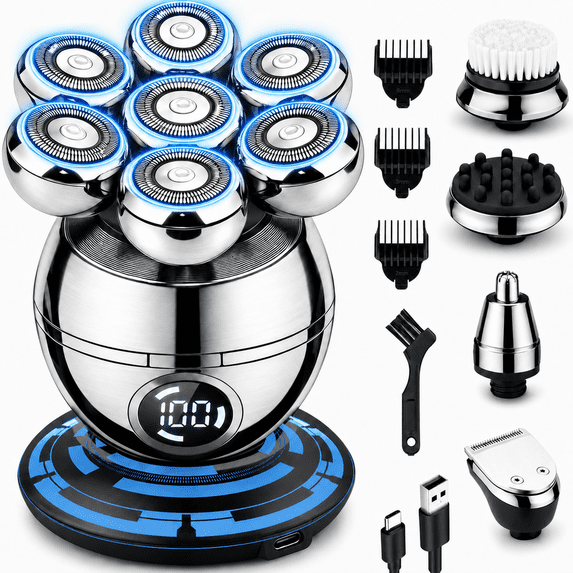 NIUTA® Head Shaver for Bald Men, 7-in-1 Electric Bald Head Shaver with 7 Rotary Heads, Digital Display, Hair & Nose Trimmer, Type-C Charging Men’s Grooming Kit