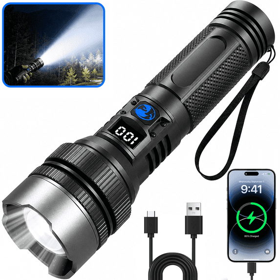 NIUTA® Rechargeable Flashlights, LED Flashlight with Digital Power Display, Zoomable Focus, USB-C Fast Charging & Emergency Phone Charging, Super Bright Tactical Flashlight for Camping
