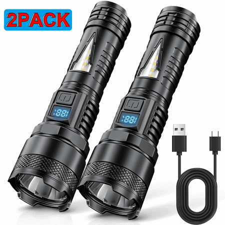 NIUTA® Rechargeable Flashlights 2 Pack, LED Flashlights with Digital Power Display, Bright Handheld Rechargeable Flashlight with Side Light, USB Flashlight Rechargeable