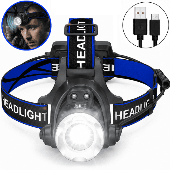 NIUTA Headlamp Rechargeable, USB Rechargeable LED Headlamp with Motion Sensor, Zoomable Focus, Adjustable Headband, Hands-Free Headlamp Flashlight for Camping, Hiking, Running, Fishing, Work