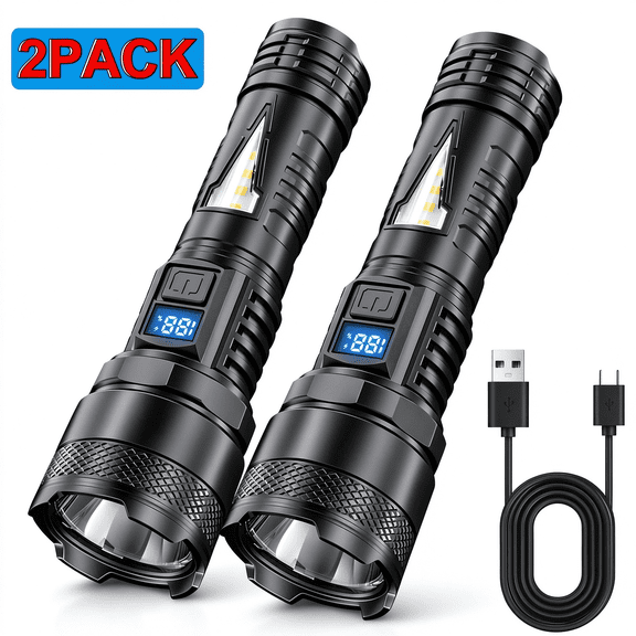 NIUTA Rechargeable Flashlights 2 Pack, LED Flashlights with Digital Power Display, Bright Handheld Rechargeable Flashlight with Side Light, USB Flashlight Rechargeable
