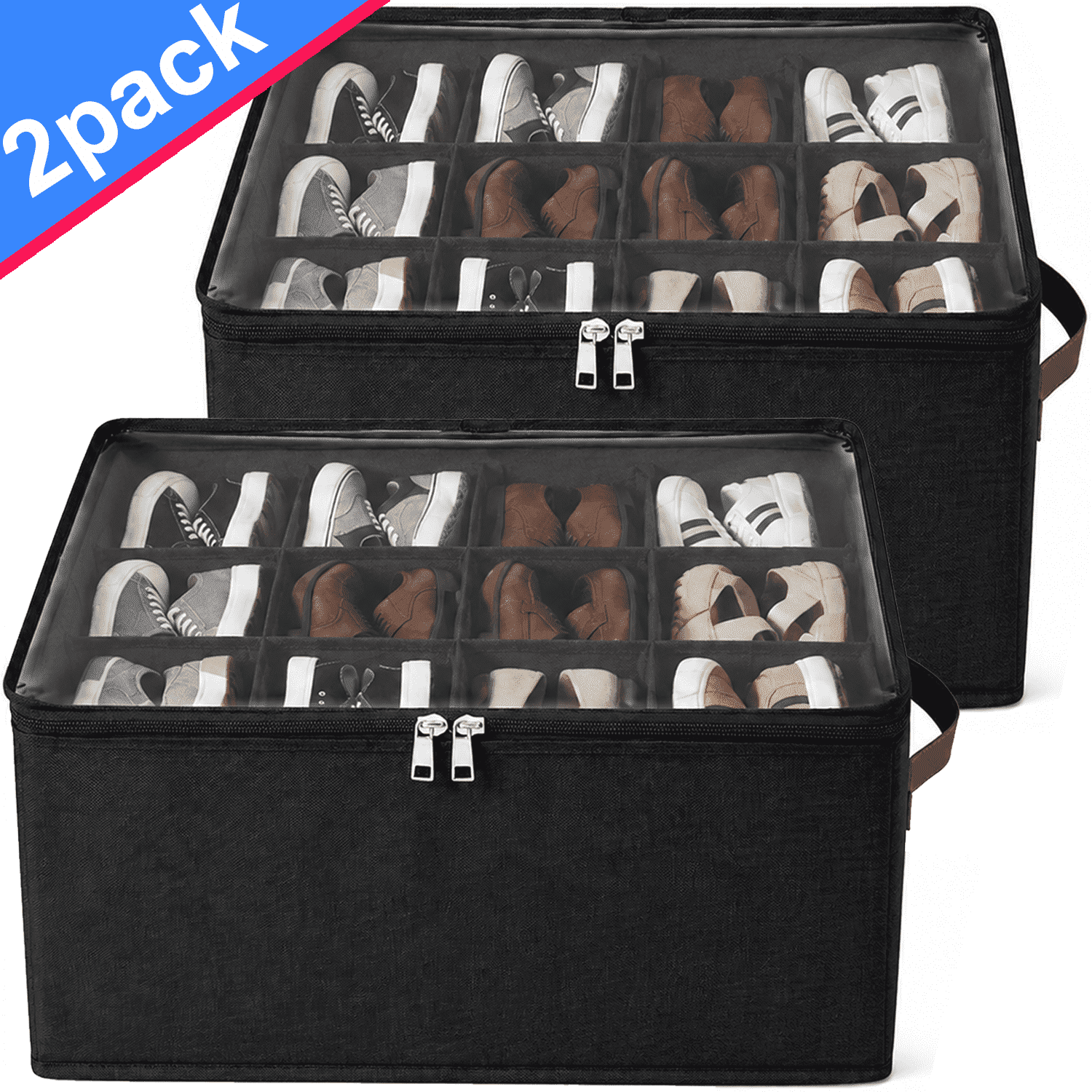 NIUTA Shoe Organizer for Closet, 2Pack 12-Compartment Shoe Storage Organizer with Clear Zip Top Cover, Fabric Shoe Rack for Closet, Shoe Storage Box with Side H