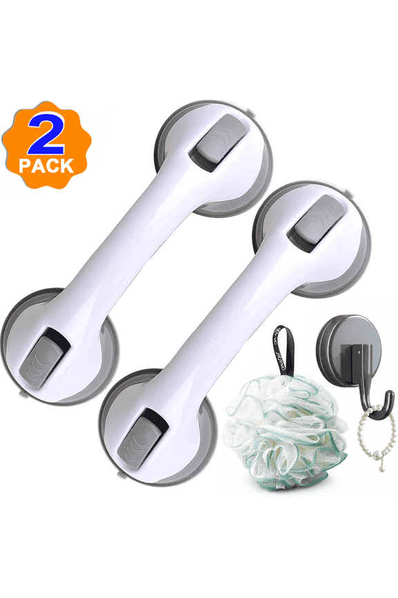 Grab Bars for Shower, Strong Suction Shower Grab Bar for Seniors, No-Drill Bathroom Safety Grab Bar for Bathtubs and Showers, Removable Shower Handle with Loofah & Hook for Elderly