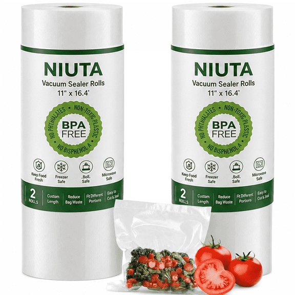 NIUTA® Vacuum Sealer Bags for Food, 2 Pack 11" x 16.4' Vacuum Sealer Rolls, Textured Cut-to-Length Food Vacuum Sealer Bags Rolls for Meal Prep, Freezer Storage, Boiling