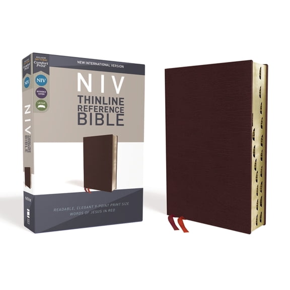 NIV, Thinline Reference Bible, Bonded Leather, Burgundy, Red Letter Edition, Indexed, Comfort Print, (Hardcover)