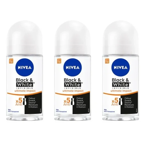 NIVEA Black & White Invisible Ultimate Impact Women’s Roll-On Deodorant Antiperspirant 50 ml Long-Lasting Protection Against Odor and Moisture with Invisible Formula Designed for Daily Use
 Pack of 3