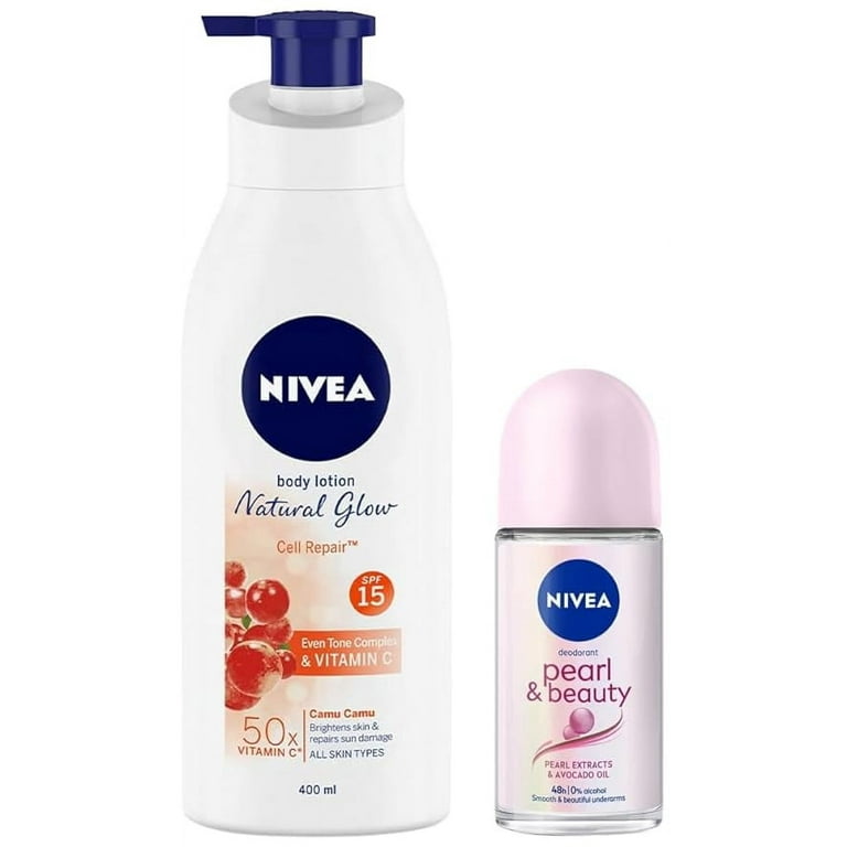NIVEA Body Lotion Extra Whitening Cell Repair SPF 15 For All Skin Types 400ml And NIVEA Deodorant Roll On Pearl Beauty 50ml