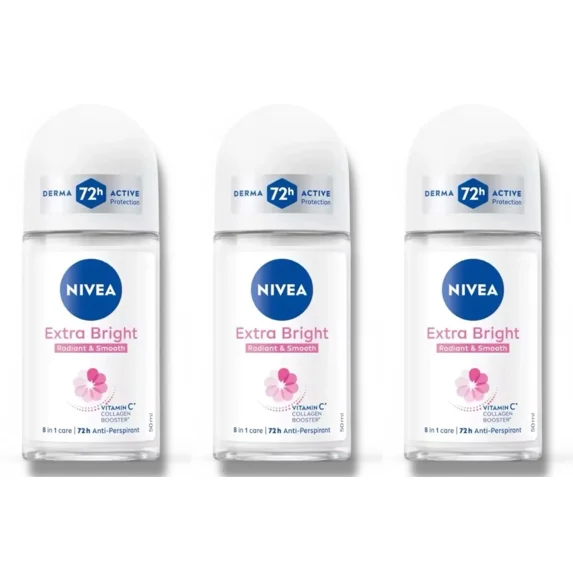 NIVEA Extra Bright 8 Super Food Vitamin C Collagen Booster Underarm Roll-On Deodorant, Alcohol-Free, 72HR Odor Protection, Smooth & Bright Skin, 50ml, 1.69oz, Pack of 3