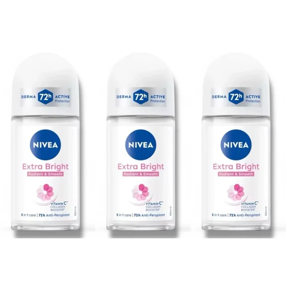 NIVEA Extra Bright 8 Super Food Vitamin C Collagen Booster Underarm Roll-On Deodorant, Alcohol-Free, 72HR Odor Protection, Smooth & Bright Skin, 50ml, 1.69oz, Pack of 3