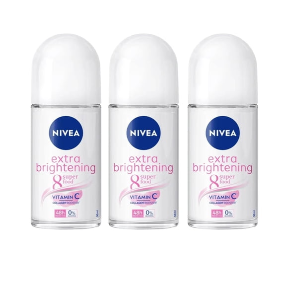 NIVEA Extra Brightening 8 Super Food Vitamin C Collagen Booster Underarm Roll-On Deodorant, Alcohol-Free, 48HR Odor Protection, Smooth & Bright Skin, 50ml, 1.69oz, Pack of 3