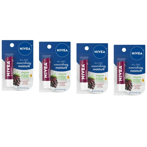 NIVEA Lip Balm, Blackberry Flavored Tinted Lip Balm Stick with Shea Butter and Jojoba Oil, 0.17 Oz, Pack of 4