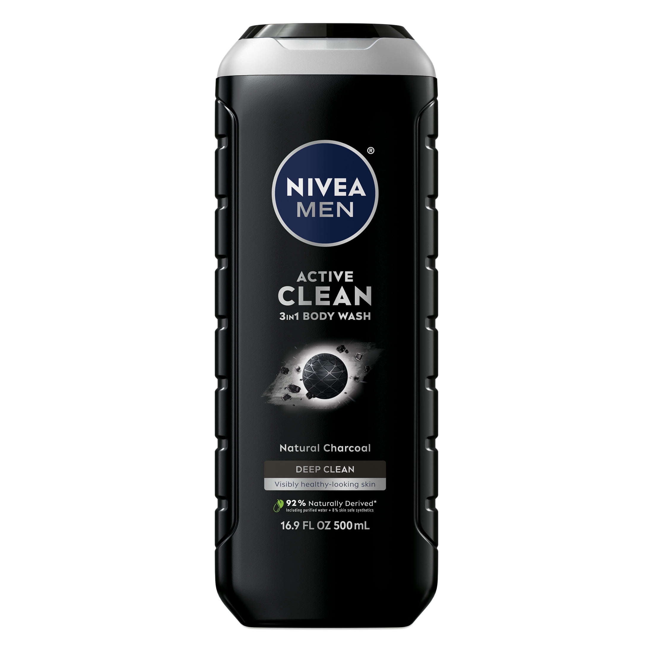NIVEA MEN Active Clean 3-in-1 Men's Body Wash with Charcoal, Vanilla Bourbon Scent, 16.9 fl oz