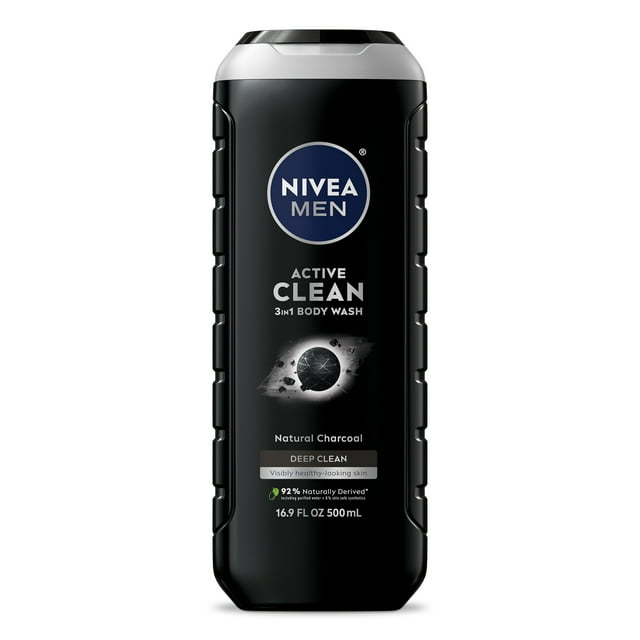 NIVEA MEN Active Clean 3-in-1 Men's Body Wash with Charcoal, Vanilla Bourbon Scent, 16.9 fl oz