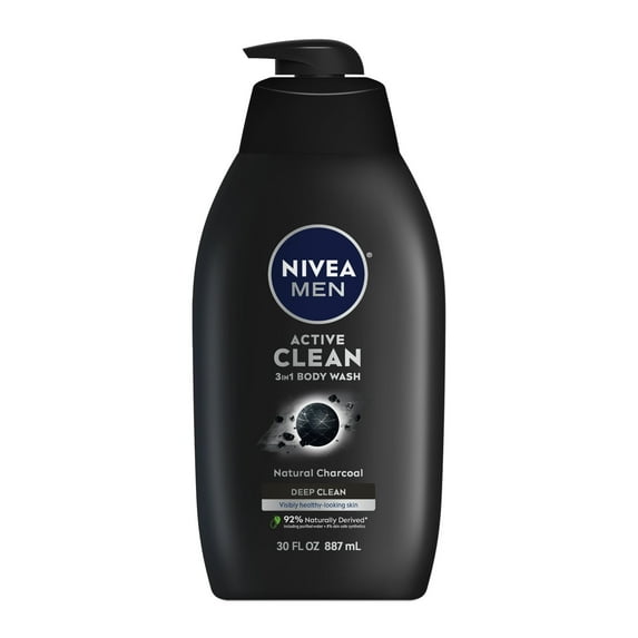 NIVEA MEN Active Clean 3-in-1 Men's Body Wash with Charcoal, Vanilla Bourbon Scent, 30 fl oz