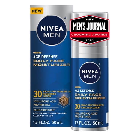 NIVEA MEN Age Defense Daily Face Moisturizer SPF 30, Hyaluronic Acid, Pro-Retinol, 1.7 fl oz