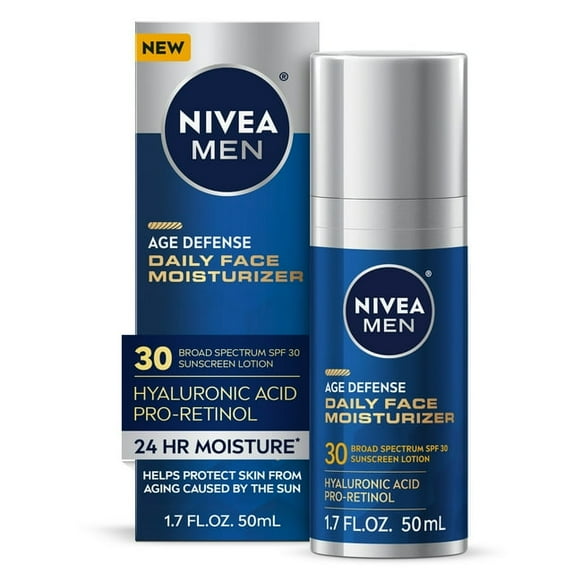 NIVEA MEN Age Defense Daily Face Moisturizer with SPF 30, Hyaluronic Acid, Pro-Retinol, Father's Day Gifts, 1.7 fl oz ( 2 Pack )