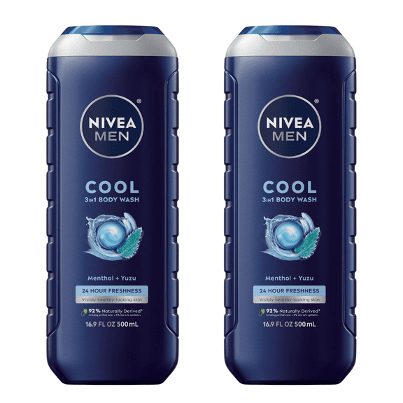 NIVEA MEN Cool Body Wash with Icy Menthol, Scented Body Wash for Men, 16.9 fl oz Bottle (2 Pack)